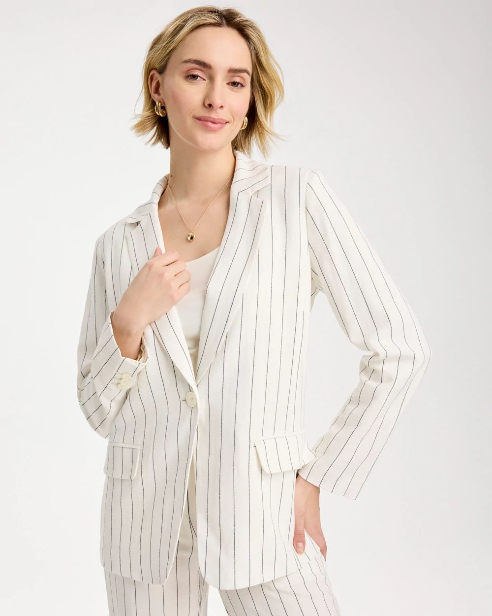 Linen-Blend Striped Boyfriend Blazer