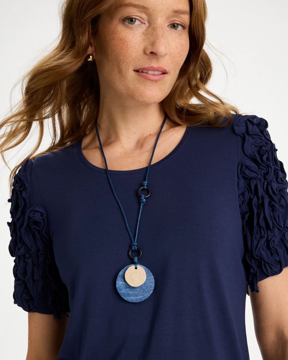 Adjustable Blue-Neutral Wood Pendant Necklace click to view larger image.