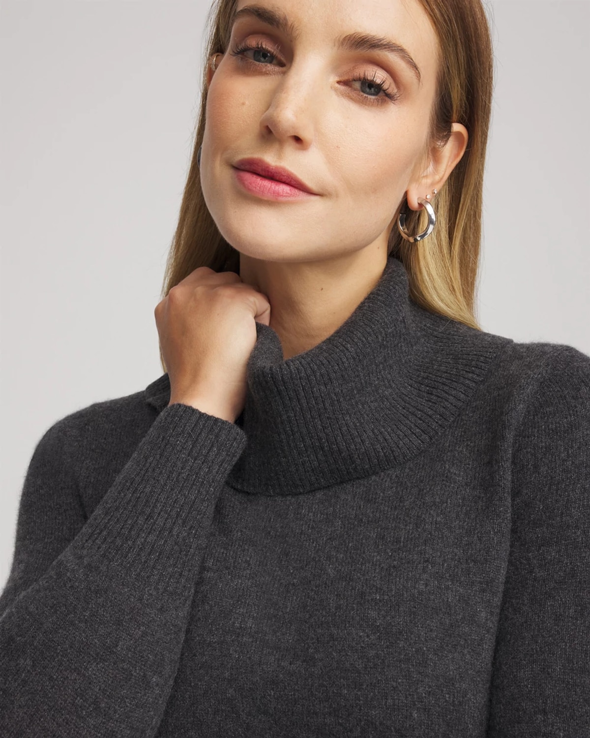 Chico's Cowlneck Cashmere Pullover Tunic In Dark Grey In Gray