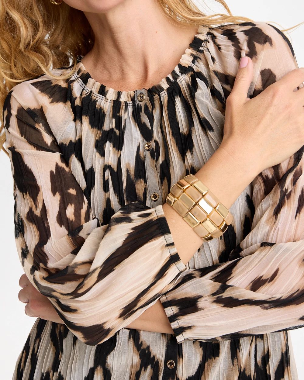Ikat Animal Crinkle Mesh Ruffle Neck Top click to view larger image.
