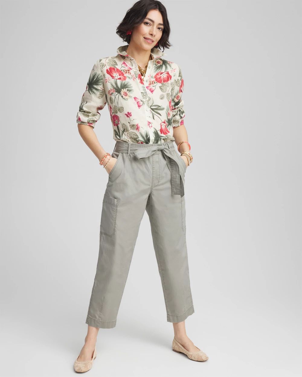 Poplin Pull-On Tapered-Leg Cropped Pants
