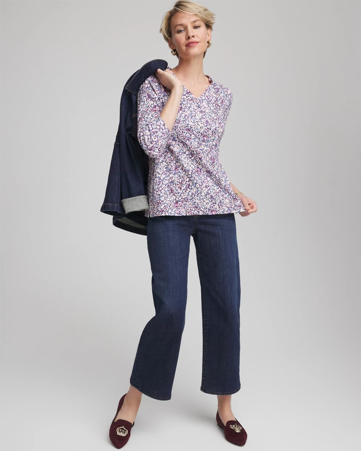 Chico's Printed Pima 3/4 Sleeve Tee In Cream In Multi