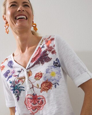 Floral Henley Elbow Sleeve Slub Tee