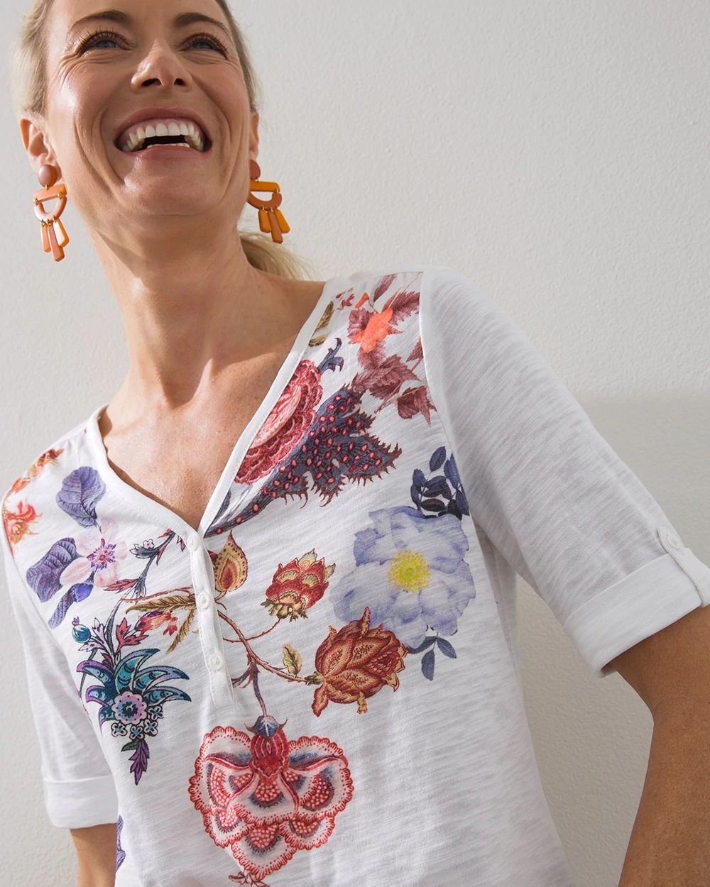 Floral Henley Elbow Sleeve Slub Tee