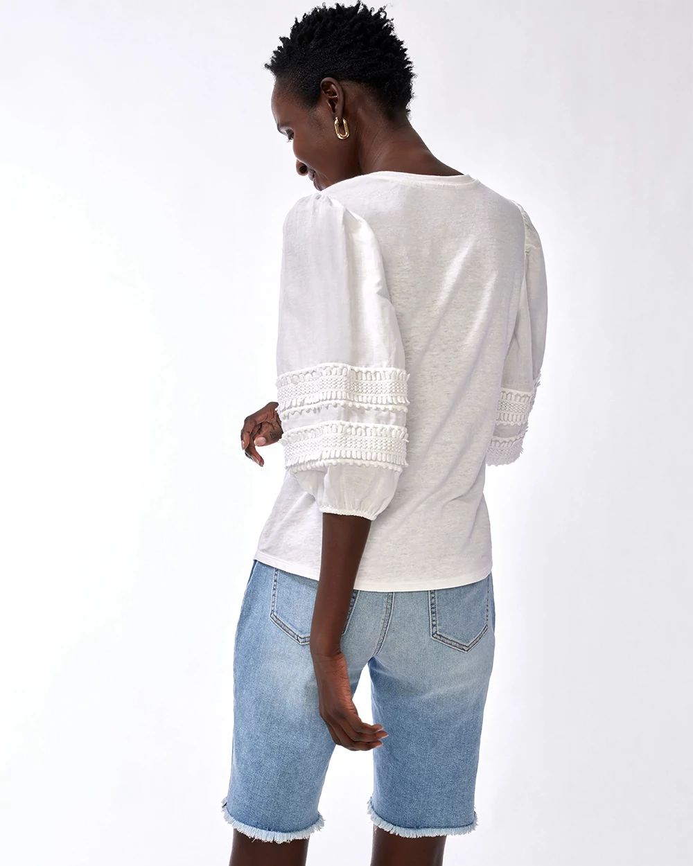 Linen-Blend Pom Sleeve Tee