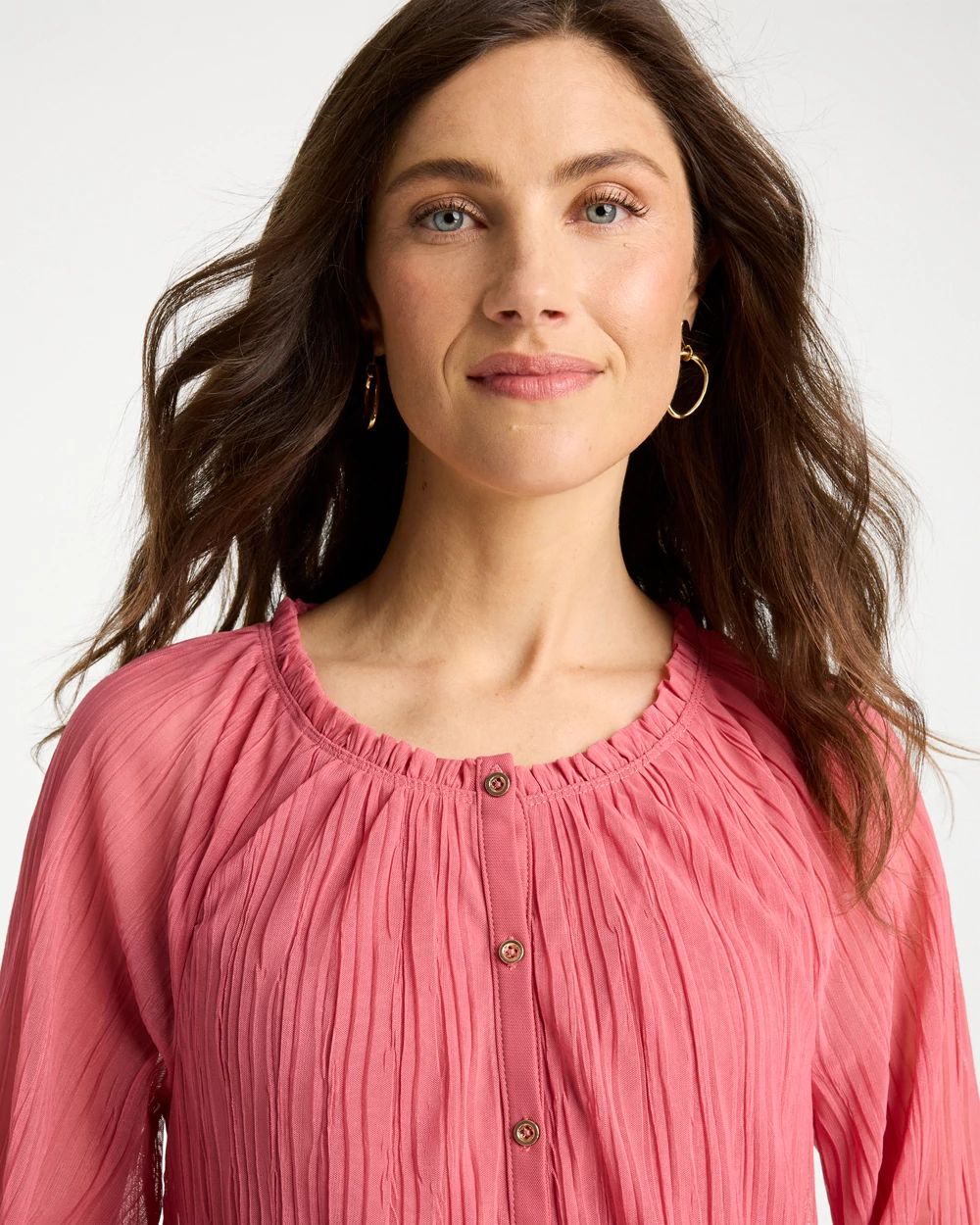Crinkle Mesh Ruffle Neck Top click to view larger image.