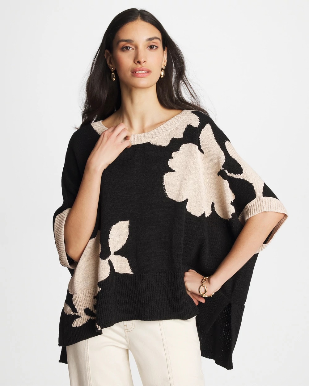 Chico's Kansai Bloom Intarsia Poncho In Black