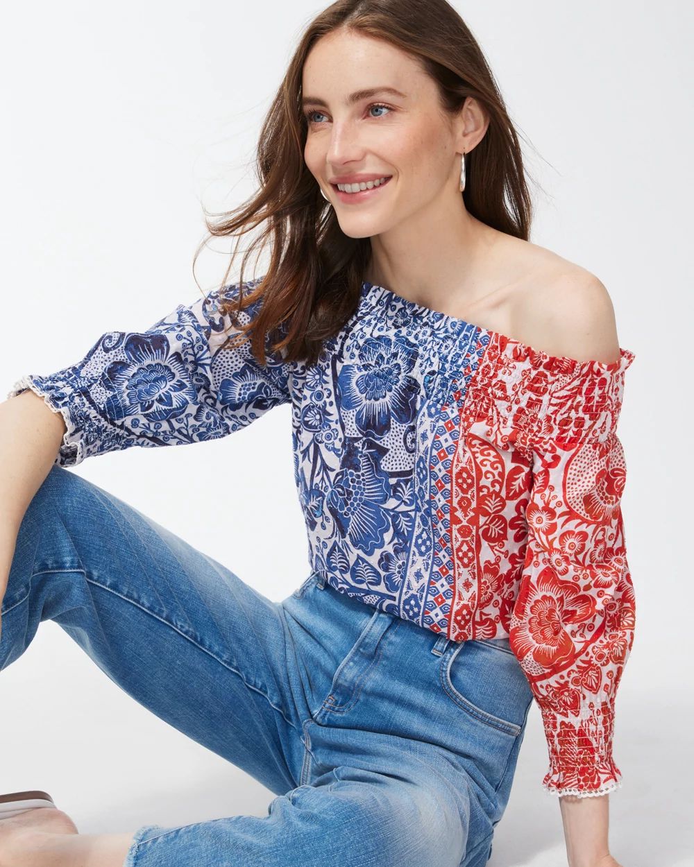 Off-Shoulder Chinoiserie Blouse