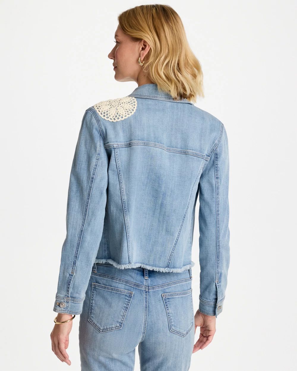 Embroidered Frayed Denim Trucker Jacket click to view larger image.