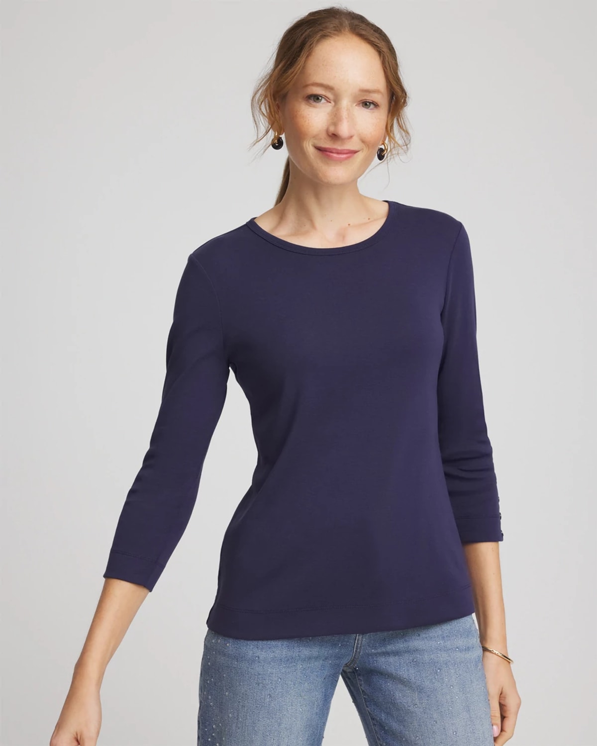 Chico's Pima Cotton Crewneck Button Tee In Blue