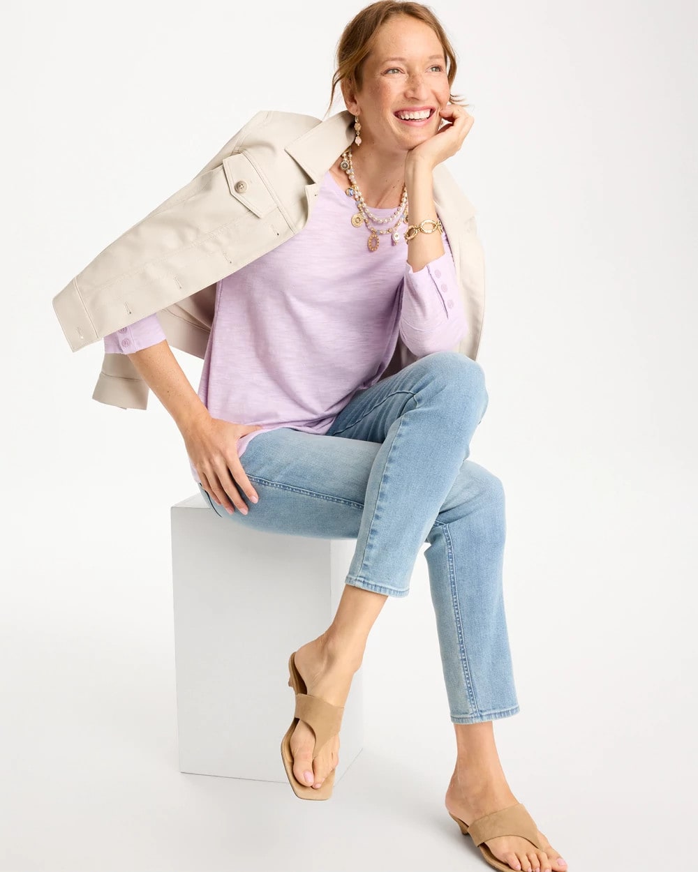 Cotton Slub 3/4 Sleeve Button Tee