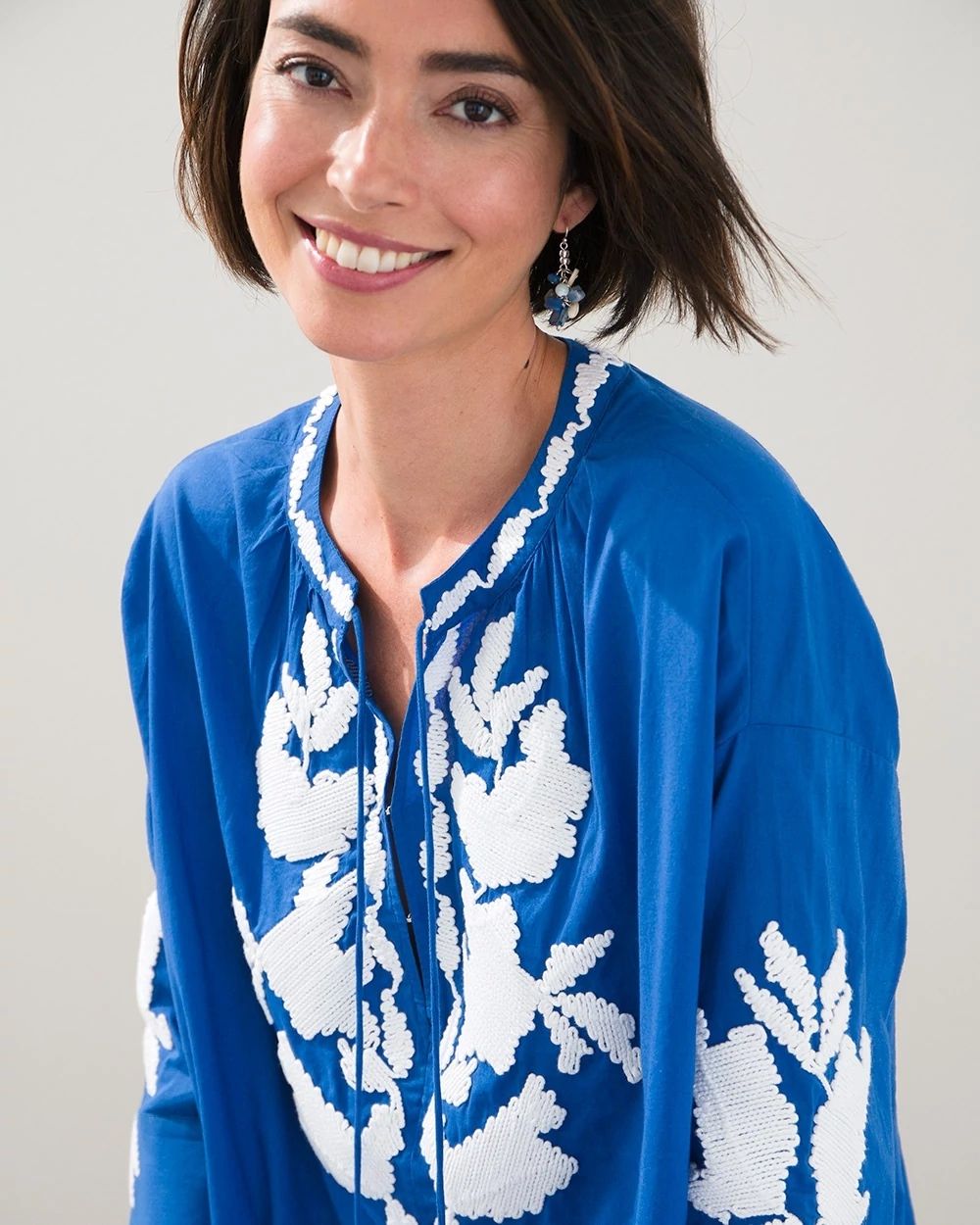 Embroidered Tie Neck Peasant Top