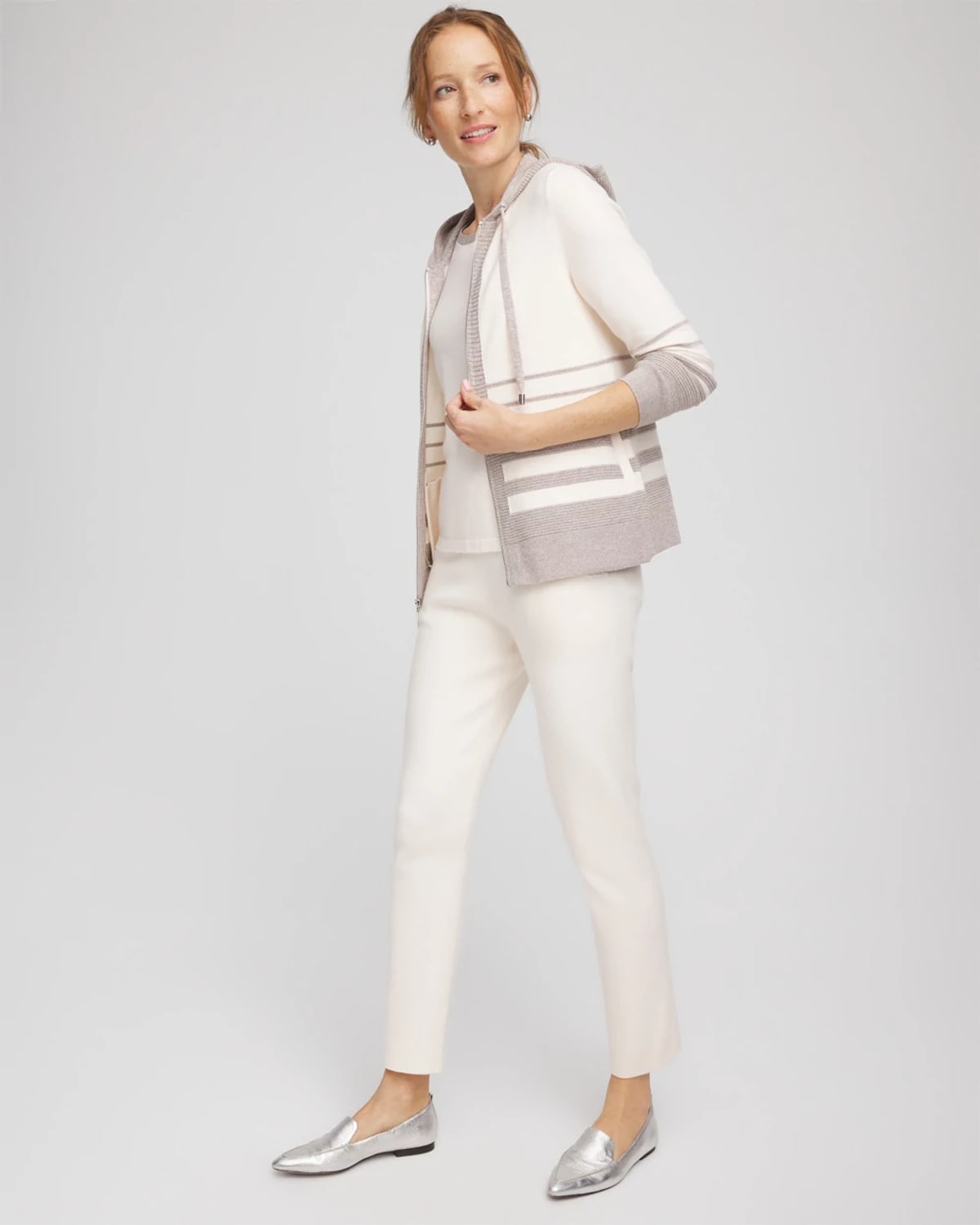 Chico's Luxe Metallic Striped Sweater In Cream