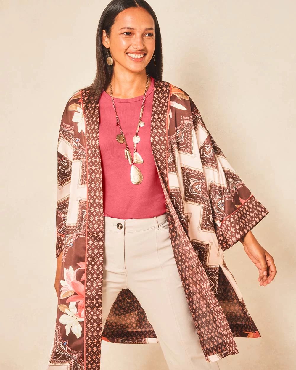 Long Mixed-Print Kimono
