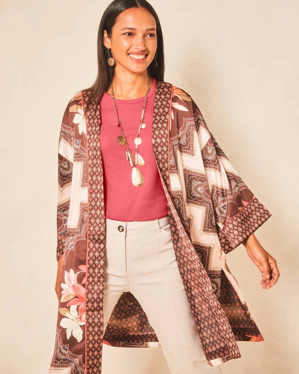 Chico's Long Mixed-print Kimono In Cacao In Brown