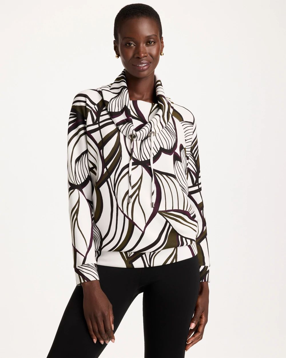 Zenergy® Soft Leaf Print Cowlneck Pullover