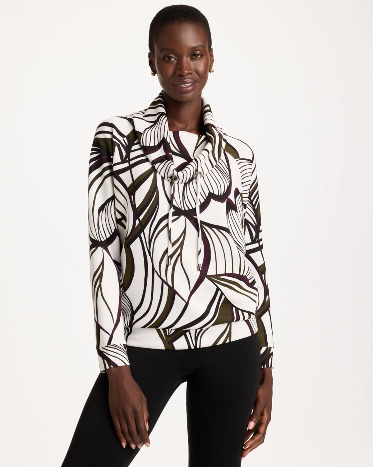 Chico's Soft Leaf Print Cowlneck Pullover In Green In Primordial Forest