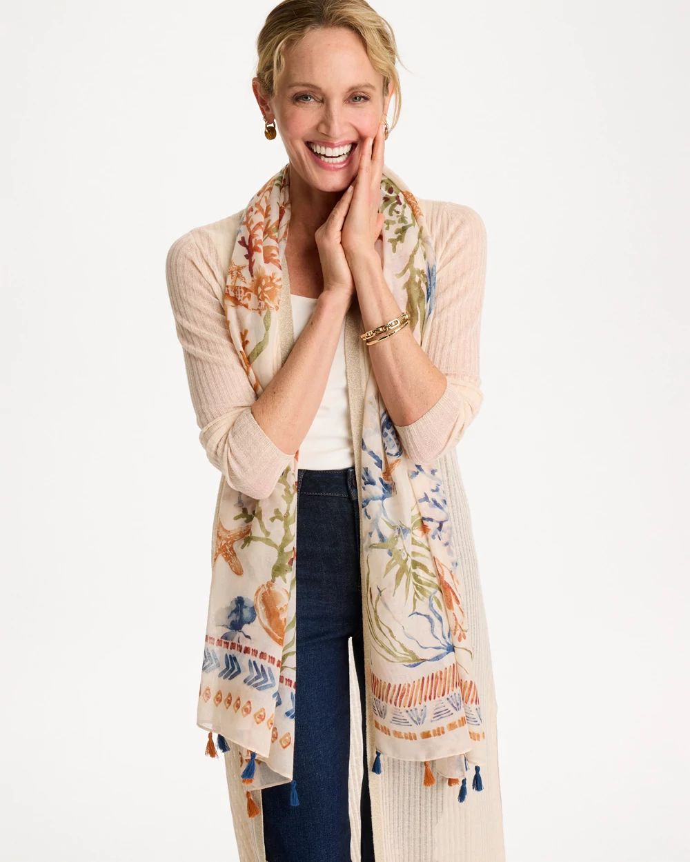 Sea Life Tassel Oblong Scarf click to view larger image.
