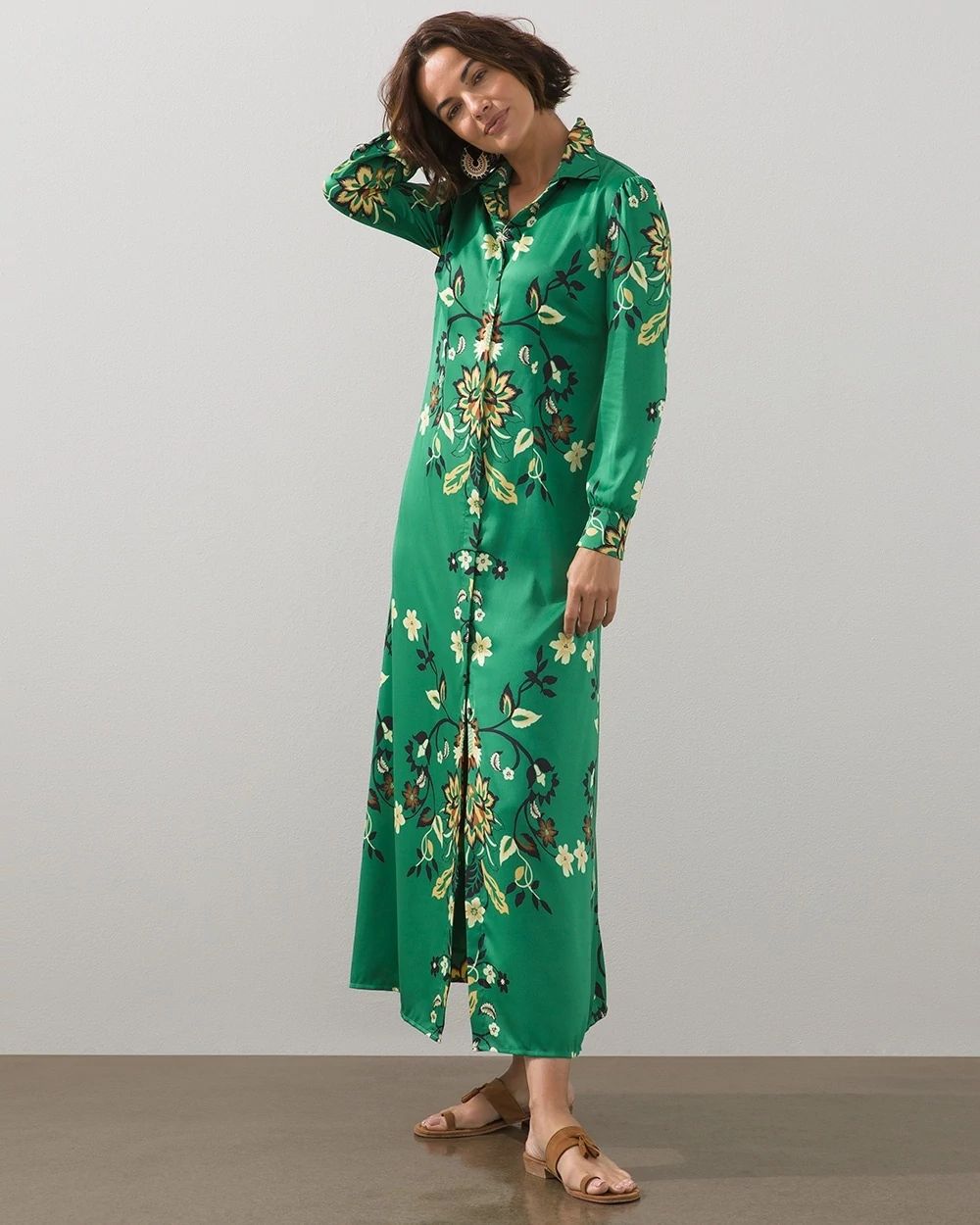 Satin Damask Print Maxi Shirt Dress
