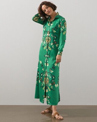Satin Damask Print Maxi Shirt Dress