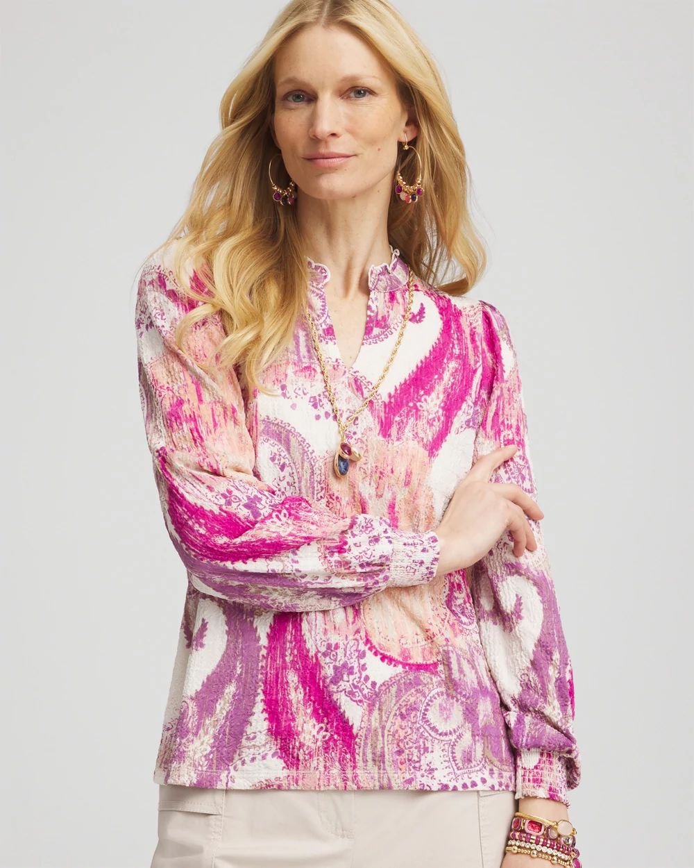 Paisley Smocked Long-Sleeved Tee