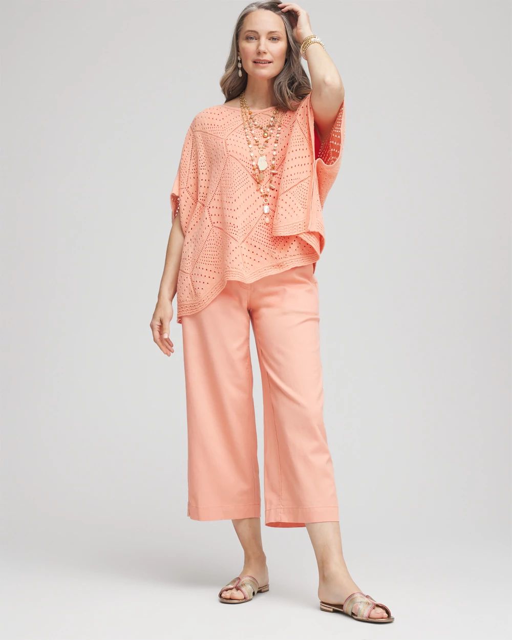 Ribbed Waist Linen Blend Straight-Leg Cropped Pants