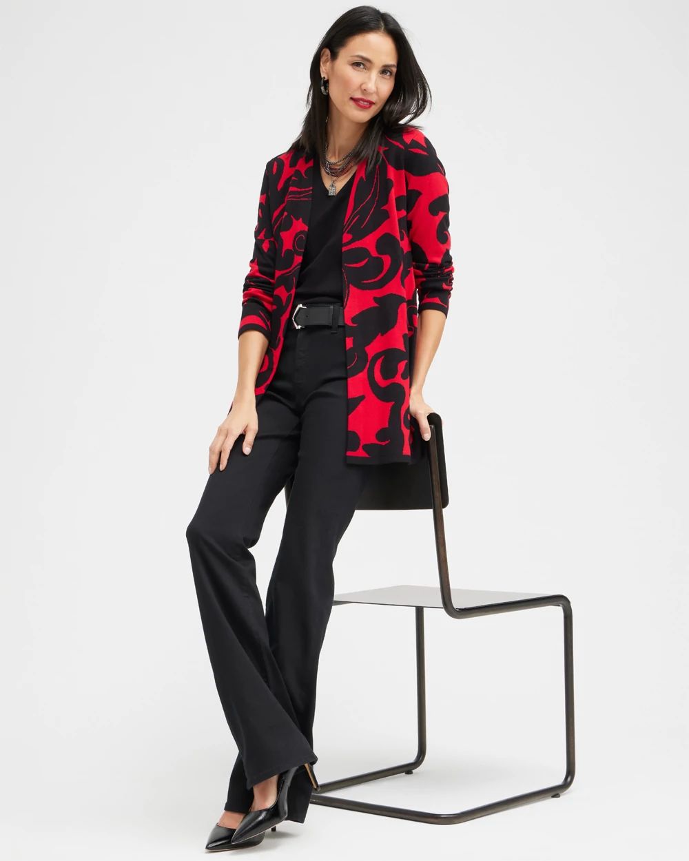 Red Scroll Print Cardigan Sweater