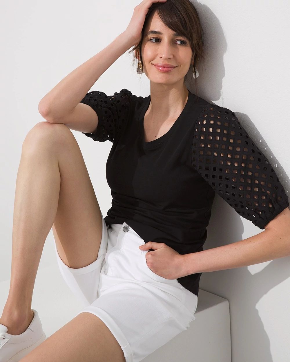 Eyelet Elbow Sleeve Top