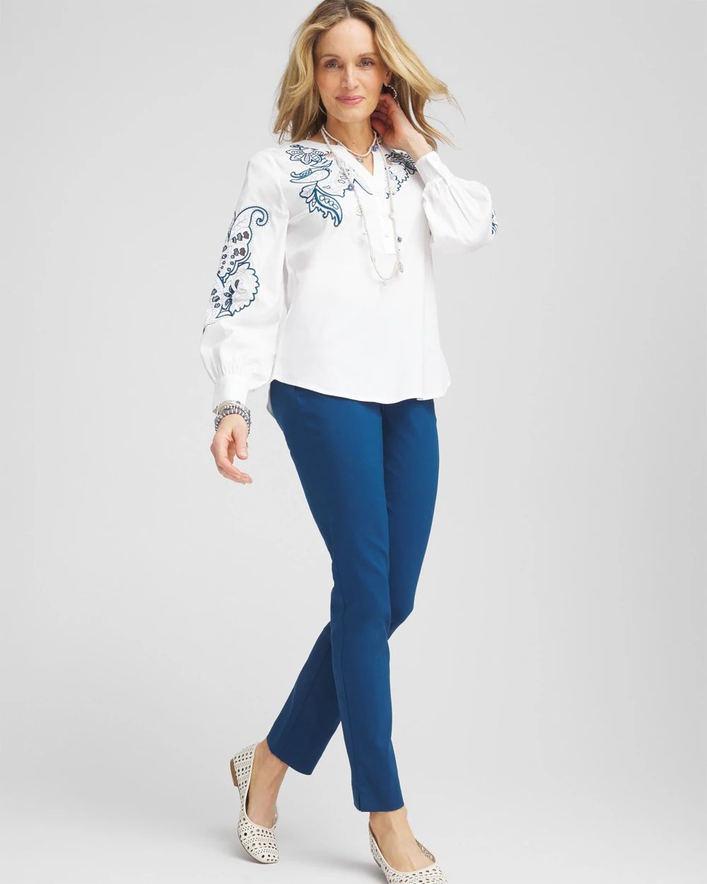 Embroidered Poplin Splitneck Shirt