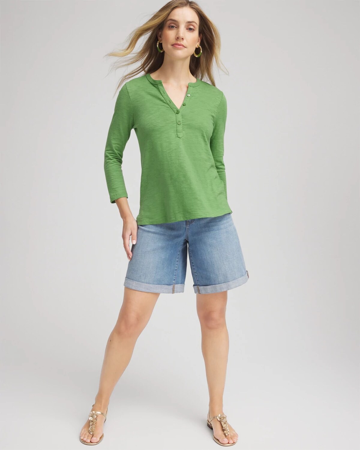 Chico's Cotton Henley Shirt In Salted Lime In Green