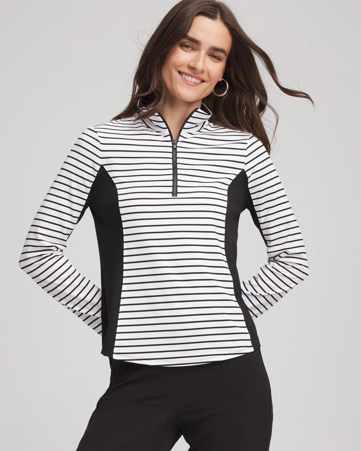 Chico's Striped Zip-front Pullover In Black In Multi