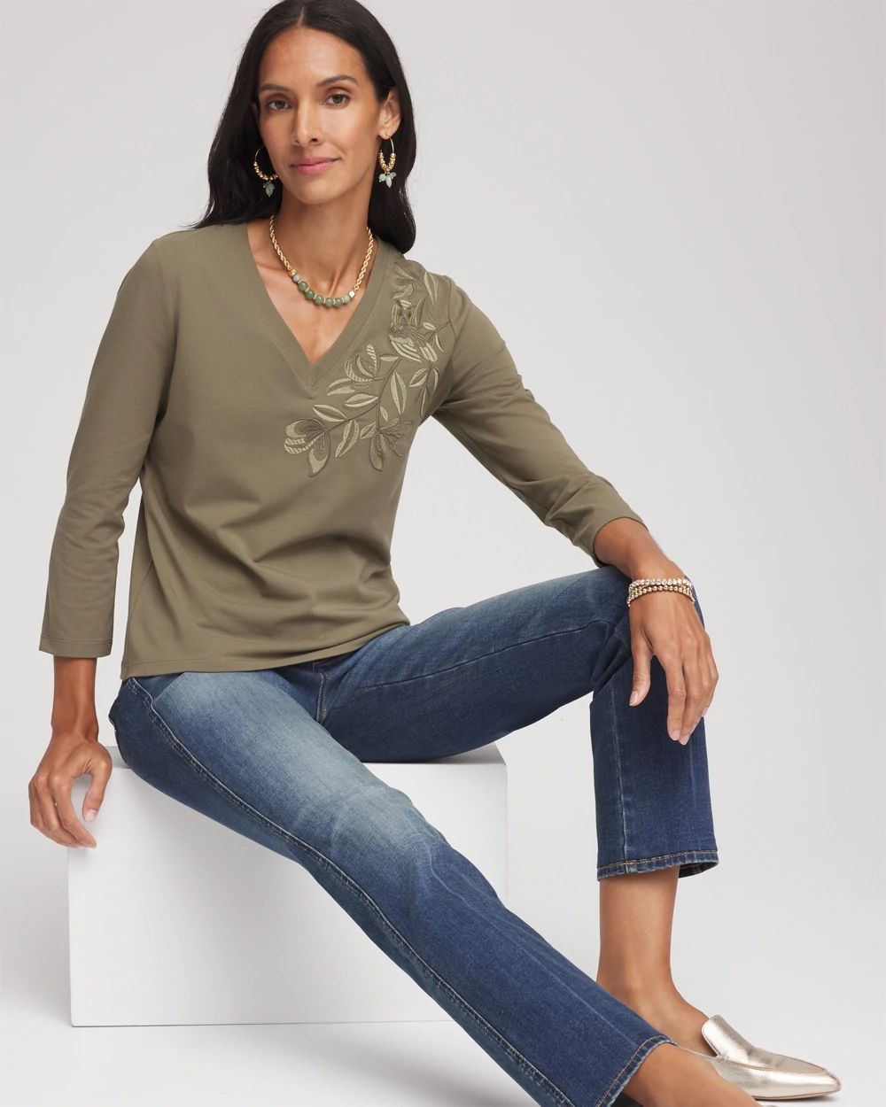 Embroidered 3/4 Sleeve Perfect Tee