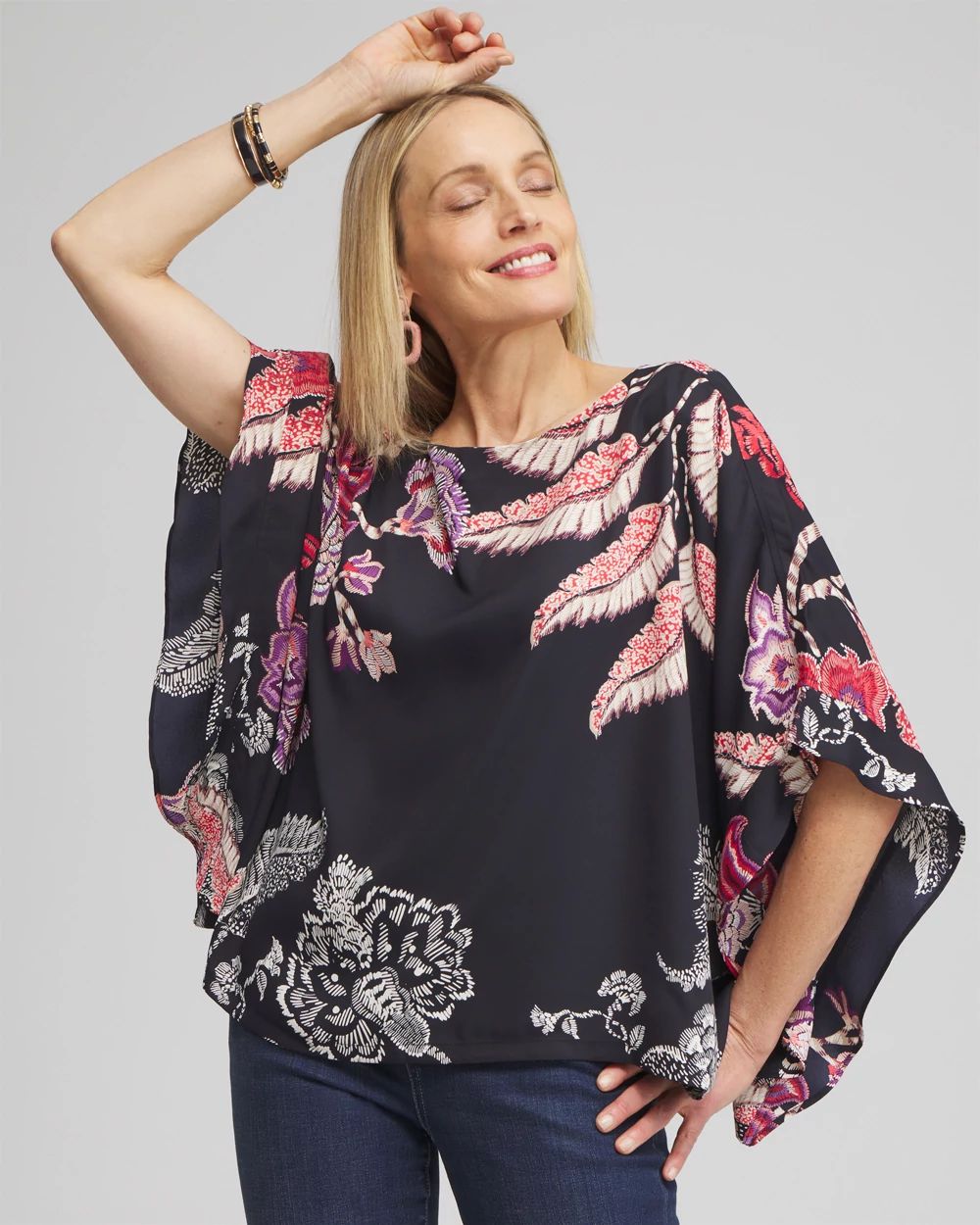 Ruffle Detail Floral Poncho