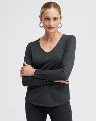 Button Cuff V-neck Pullover Sweater