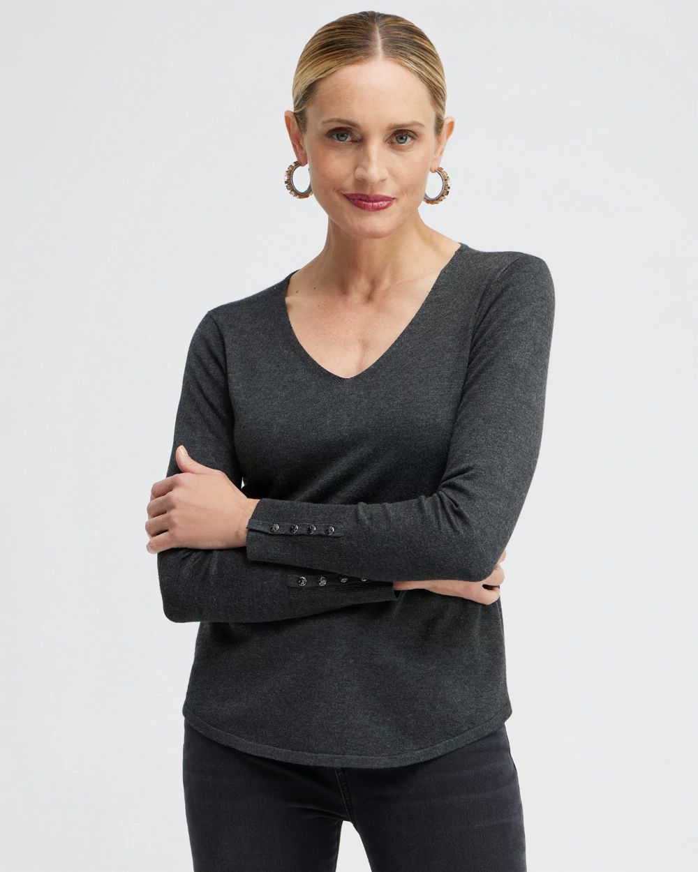 Button Cuff V-neck Pullover Sweater
