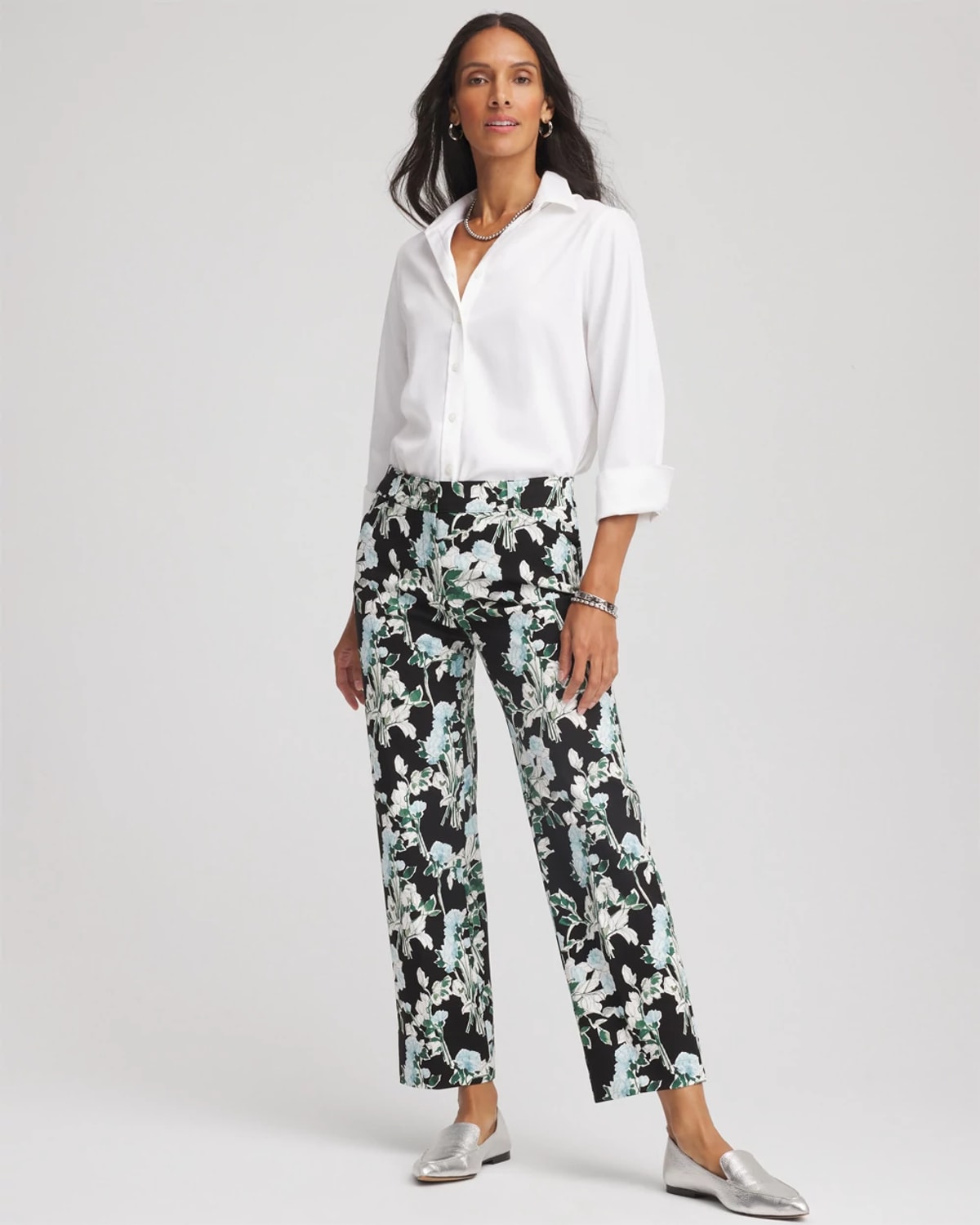 Chico's Floral Emme Straight Ankle Pants In Black In Black