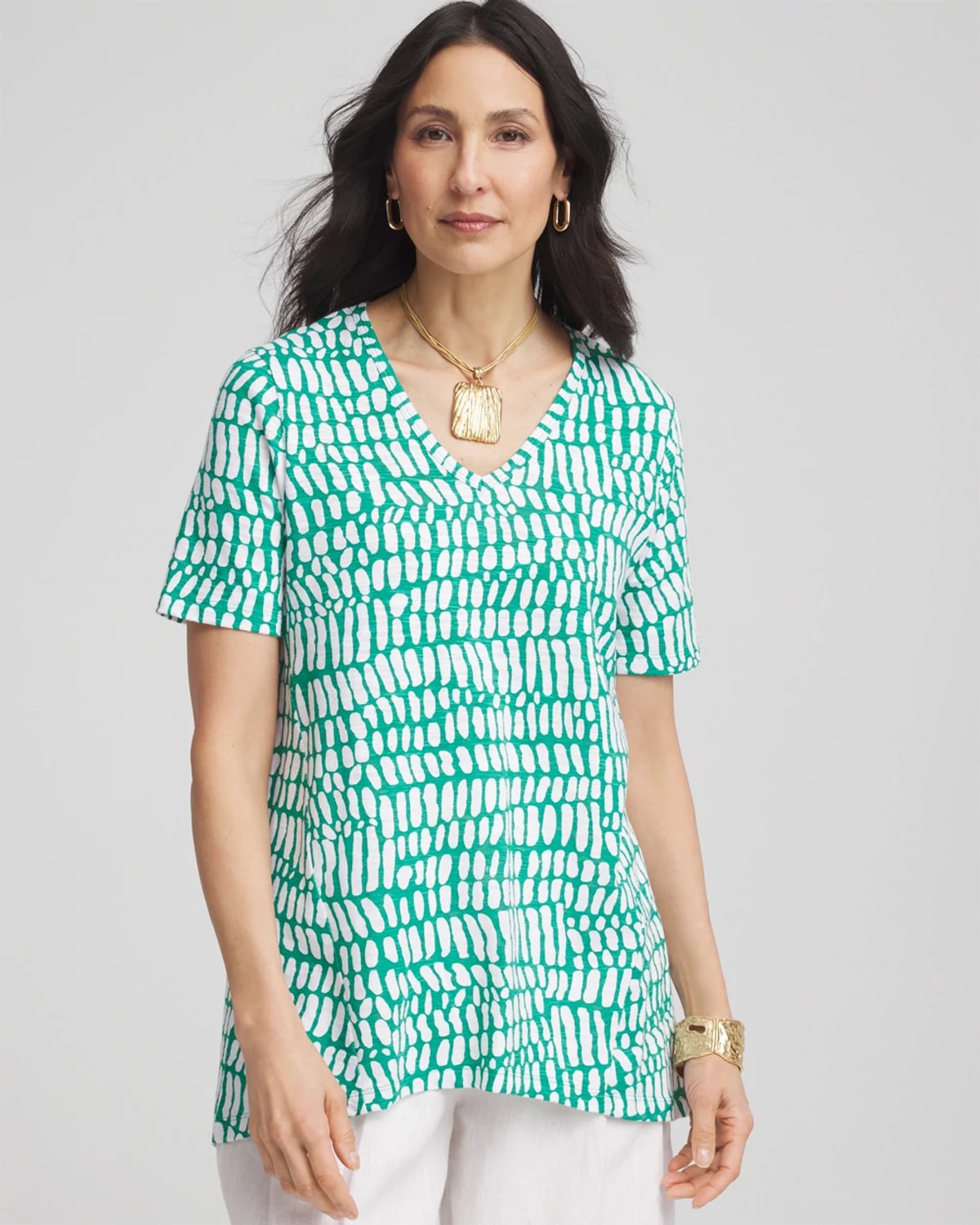 Chico's Tropical Short Sleeve Forward-seam Tee In Green In Green