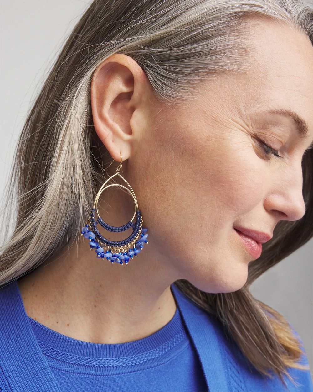 No Droop® Blue Fringe Hoop Earrings