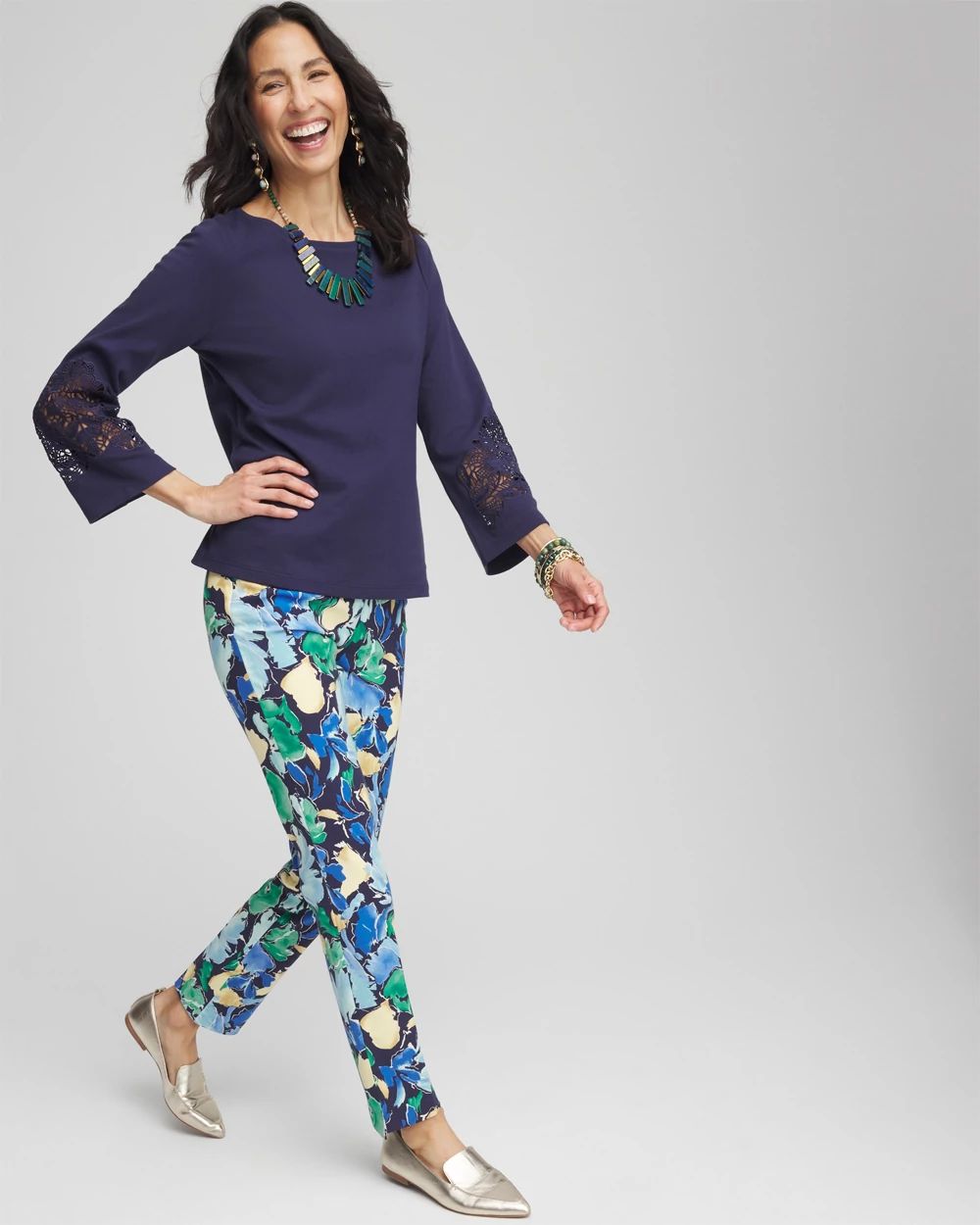 Brigitte™ Slub Floral Slim Ankle Pants click to view larger image.