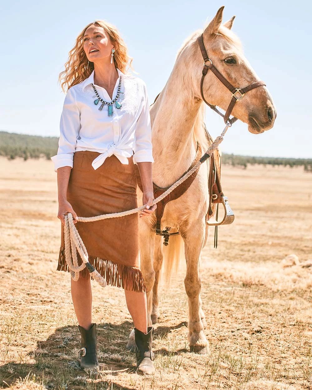 Fringed Pull-On Asymmetrical Skirt