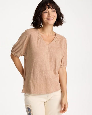 Linen Ruched V-Neck Tee