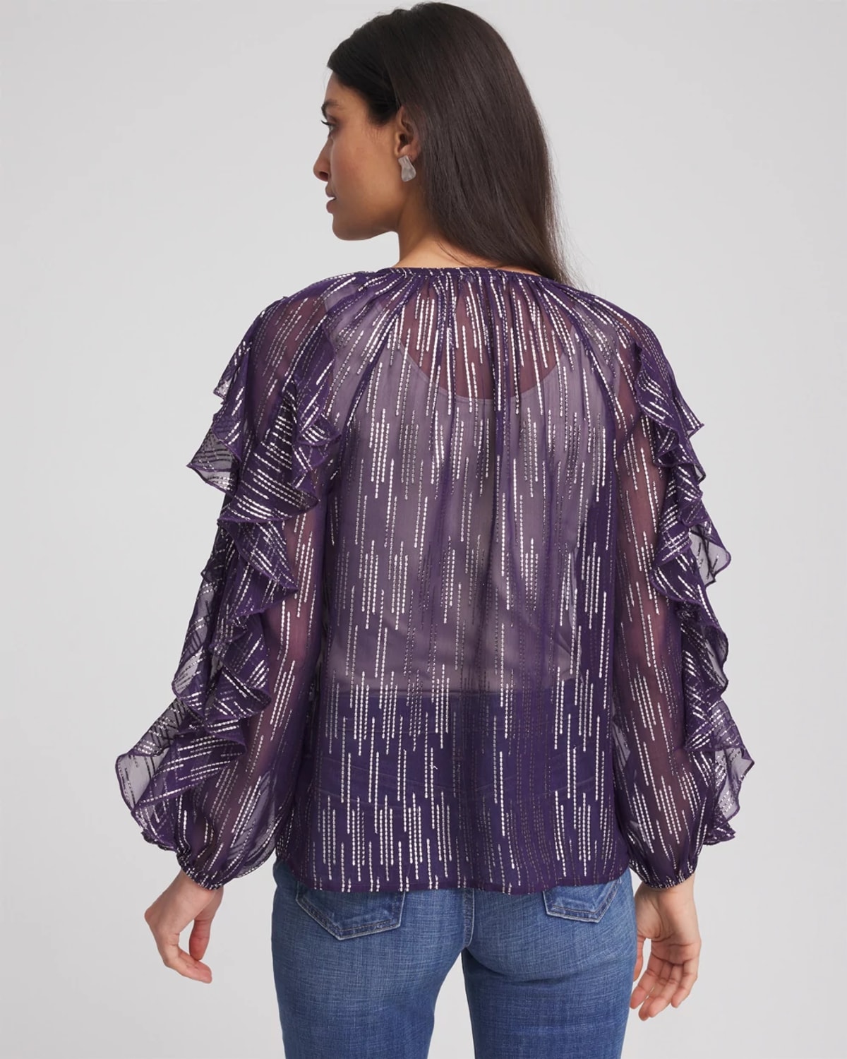 Chico's Georgette Ruffle Sleeve Blouse In Purple Elixir In Multi
