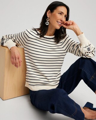 Embroidered Stripe Pullover Sweater