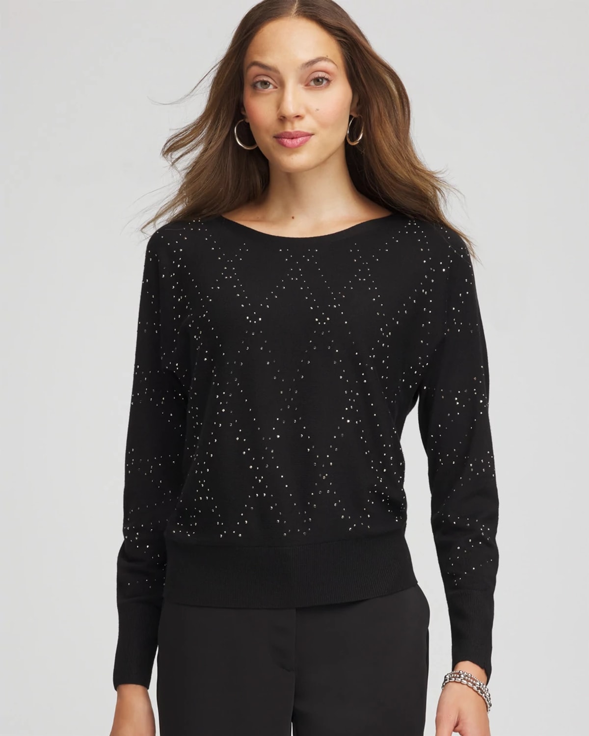 Chico's Ella Embellished Dolman Pullover Sweater In Black In Black