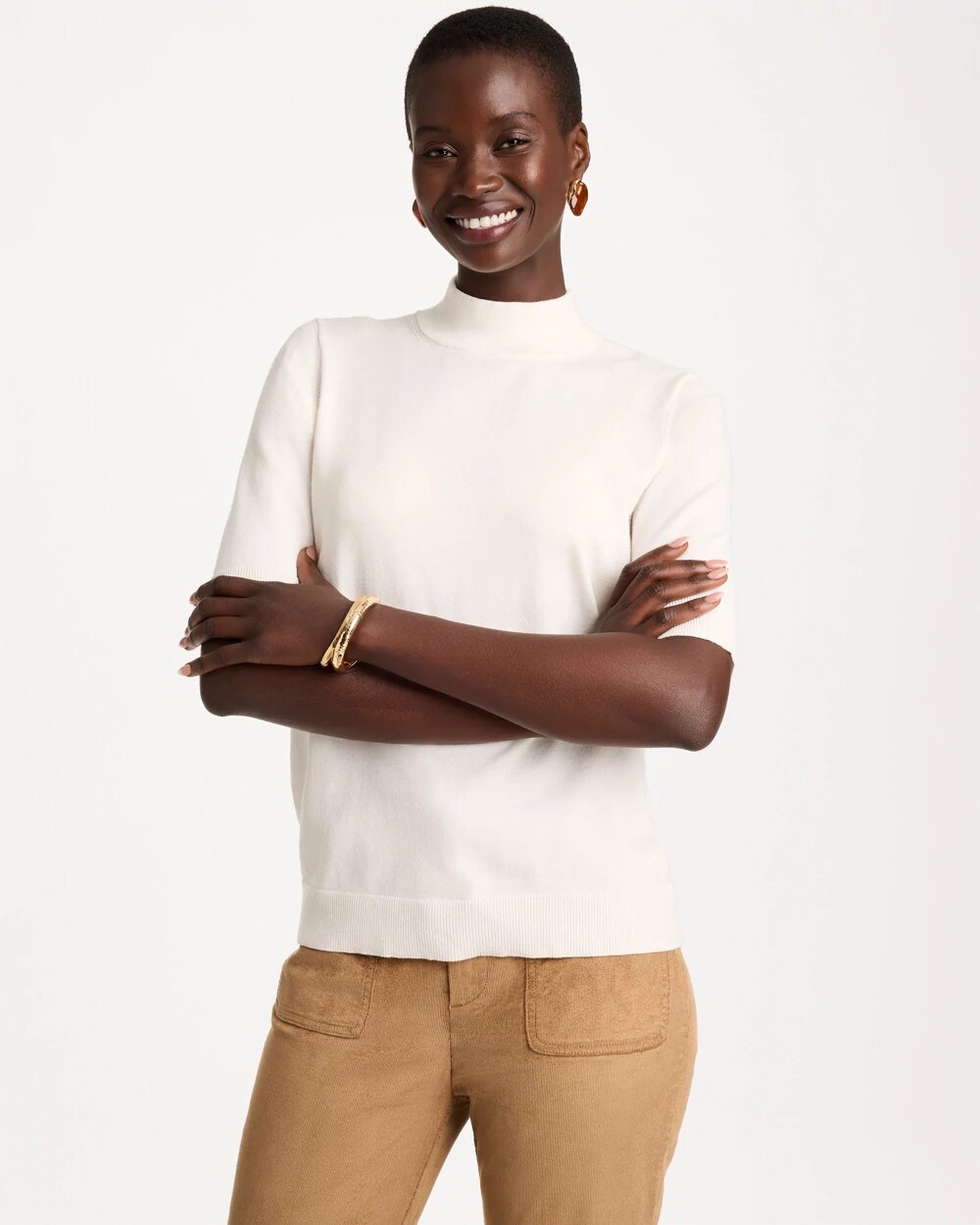 Chico's Ella Mockneck Elbow-sleeve Sweater In Soft Ivory