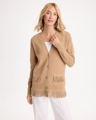 Cotton-Blend Fringed Long-Sleeve Cardigan