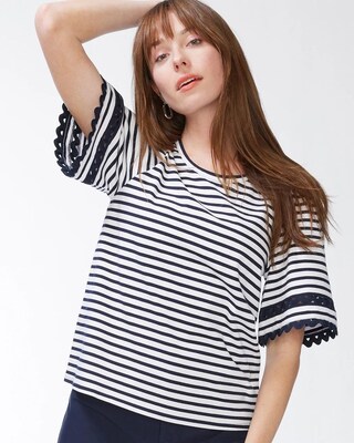 Stripe Lace Detail Flutter Sleeve Tee