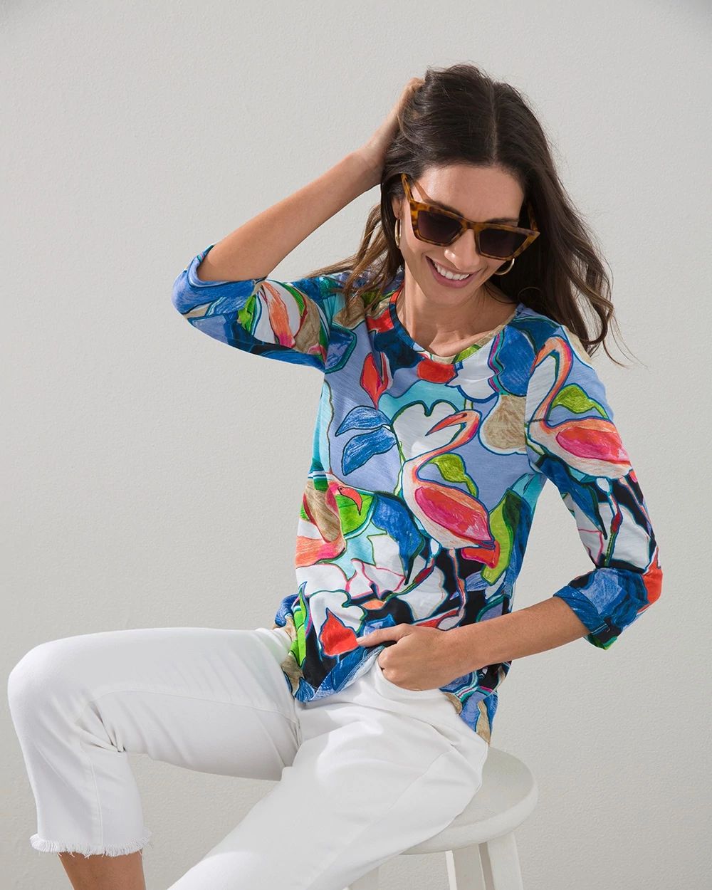 3/4 Sleeve Tropical Print Slub Tee