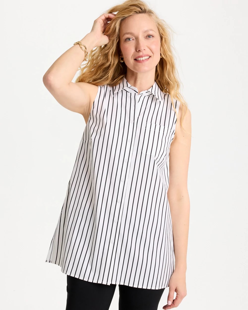 Poplin Cotton Collared Striped Tunic, photo 1 of 5