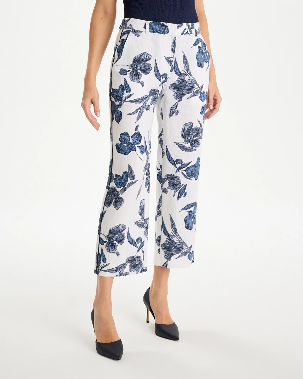 Chico's Piped Linen Fly Front Pants In Blue